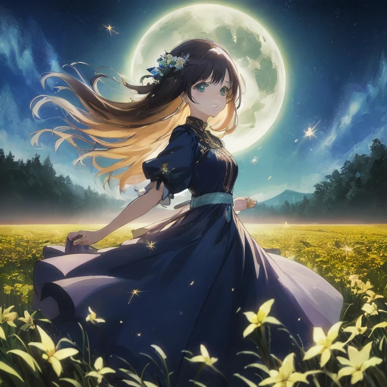 A woman wearing a dress is walking through a flower field, Beautiful anime, the glow of the moonlight, Anime art wallpaper 8k, nightcore, ethereal anime, beautiful fantasy anime, Anime visuals of cute girls, 4k anime wallpaper, daytime ethereal anime, hd anime wallaper, official anime artwork, anime wallaper, beautiful anime artwork