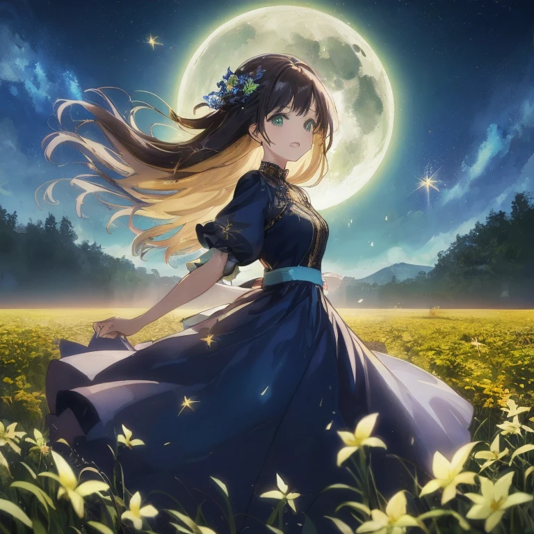 A woman wearing a dress is walking through a flower field, Beautiful anime, the glow of the moonlight, Anime art wallpaper 8k, nightcore, ethereal anime, beautiful fantasy anime, Anime visuals of cute girls, 4k anime wallpaper, daytime ethereal anime, hd anime wallaper, official anime artwork, anime wallaper, beautiful anime artwork