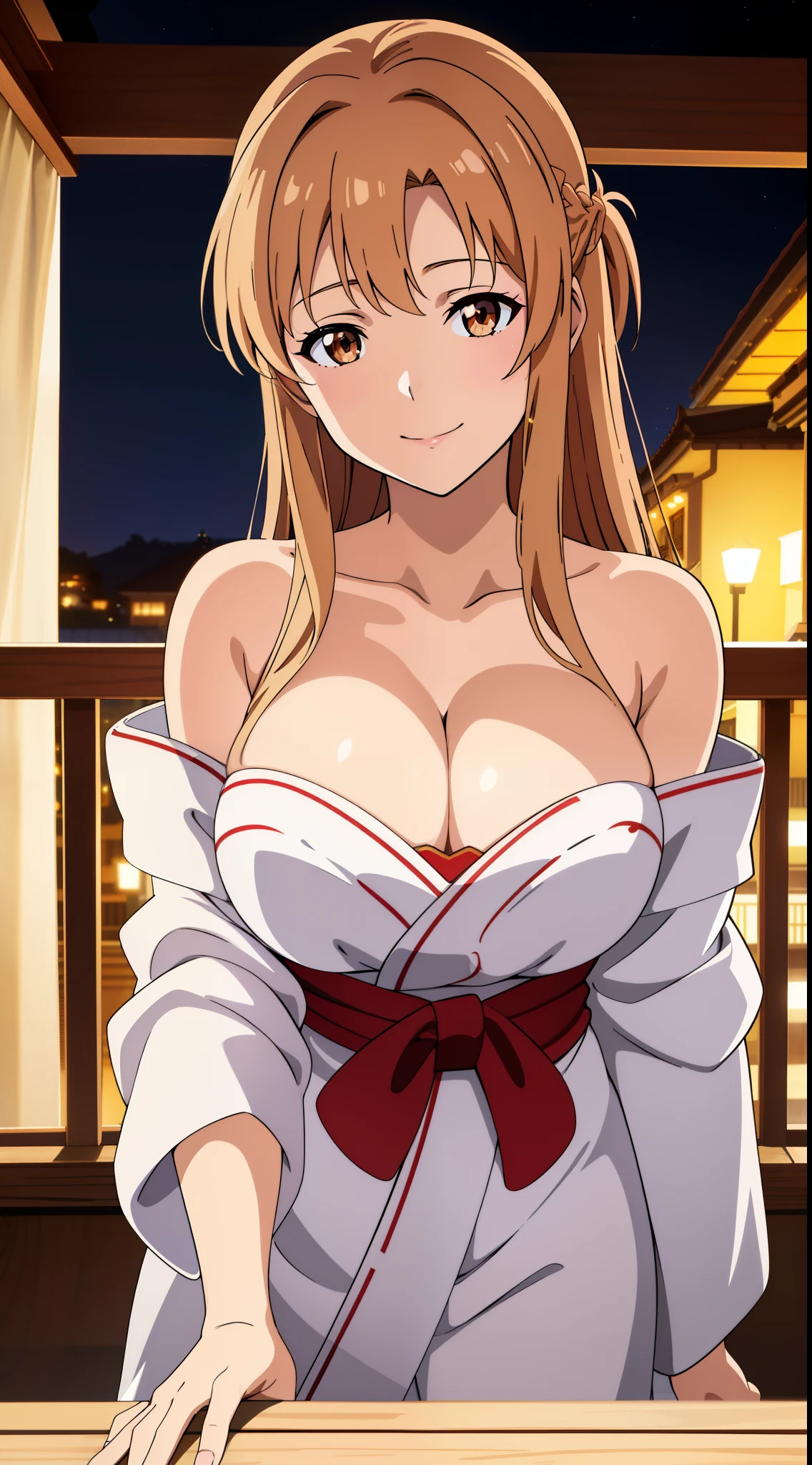 (best quality:1.5, highres, UHD, 4K, detailed lighting, shaders), asuna yuuki, light brown long hair, busty, cleavage, off shoulder yukata, smiling, (pov, close shot), night sky, balcony background, sexy, erotic