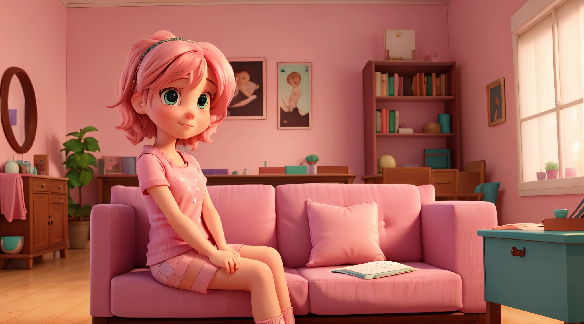 (best quality,highres:1.2),ultra-detailed,realistic,portrait style,soft lighting,rosy,cozy,comfortable,pastel shades,girl with pink hair sitting on a blue sofa in the living room (windows,bookshelf),reading a book and enjoying a cup of coffee.