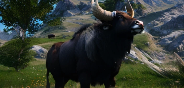 A large horned animal stands in a grassy field, tauren, Giant horns, Big horns, half man half asian black bull, Giant horns, male centaur centaur chimera, 8K Ultra Realistic Animals, Impressive horns, Great Horn, black horns, 8k ultra-realistic creatures, a minotaur wolf, black bull samurai
