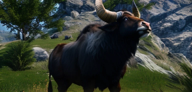 A large horned animal stands in a grassy field, tauren, Giant horns, Big horns, half man half asian black bull, Giant horns, male centaur centaur chimera, 8K Ultra Realistic Animals, Impressive horns, Great Horn, black horns, 8k ultra-realistic creatures, a minotaur wolf, black bull samurai