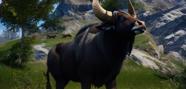 A large horned animal stands in a grassy field, tauren, Giant horns, Big horns, half man half asian black bull, Giant horns, male centaur centaur chimera, 8K Ultra Realistic Animals, Impressive horns, Great Horn, black horns, 8k ultra-realistic creatures, a minotaur wolf, black bull samurai