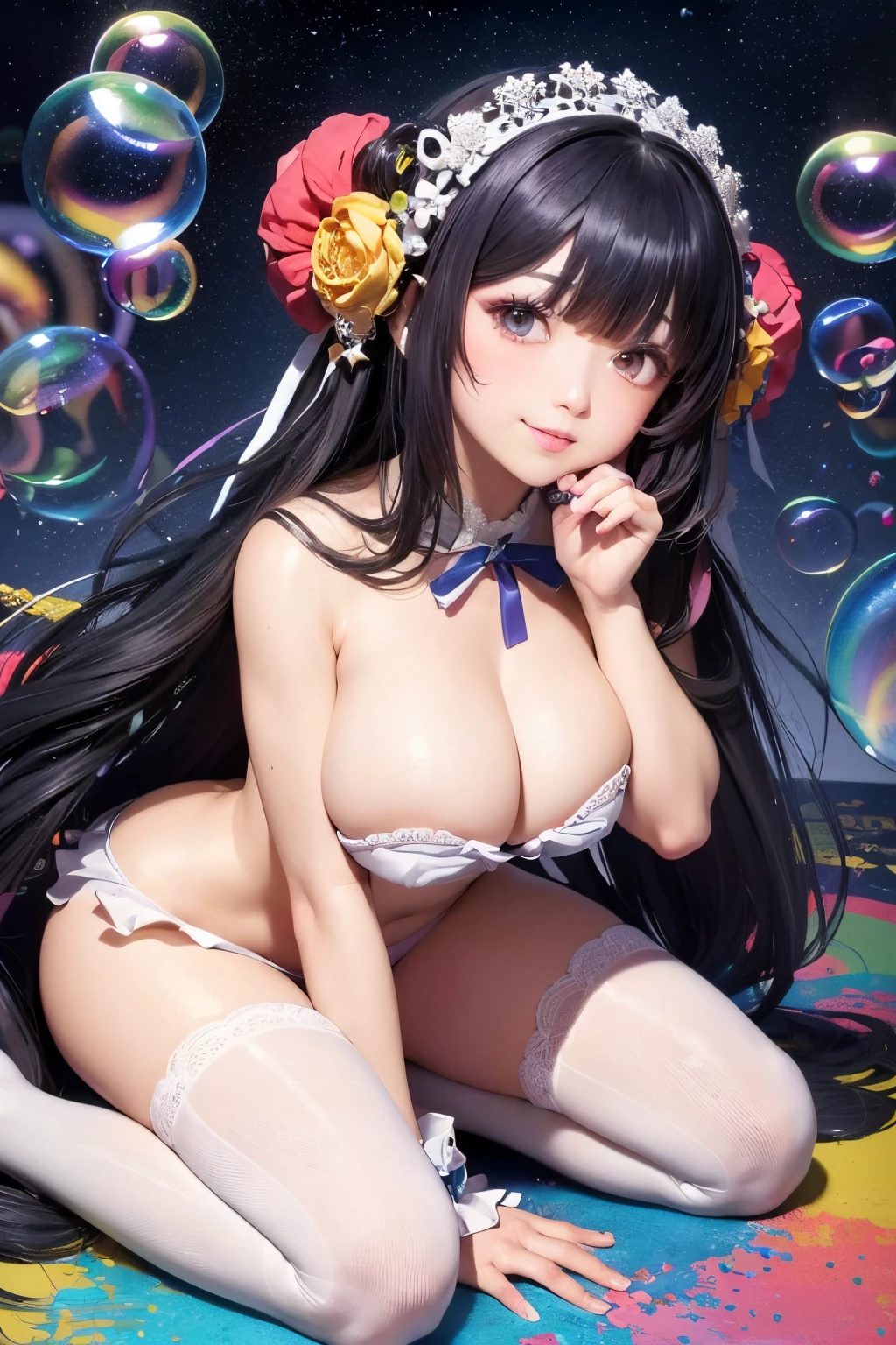 (tmasterpiece), (Best quality at best), (offcial art, extremely detaild的 CG unified 8k wallpapers), (The content is very detailed), ((Ridiculous resources)), 1 plump girl, The middle view is, (exquisite facial features),(Thurford:1.3) ((SFW)),((Clean your hands)), ((White stockings do not wear shoes)),Water-colored eyes, Colored Contact Lenses, There are stars in the eyes, (((Colorful bubbles))), colored glass, (album covers)