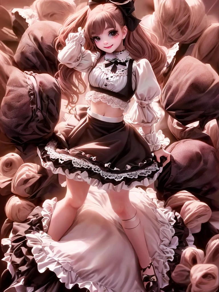 a cute girl smiling, wearing a gothic skirt, crop lace cloth shirt, puffy sleeves, hair bow, smokey eyes makeup, collar, choke, pumps,