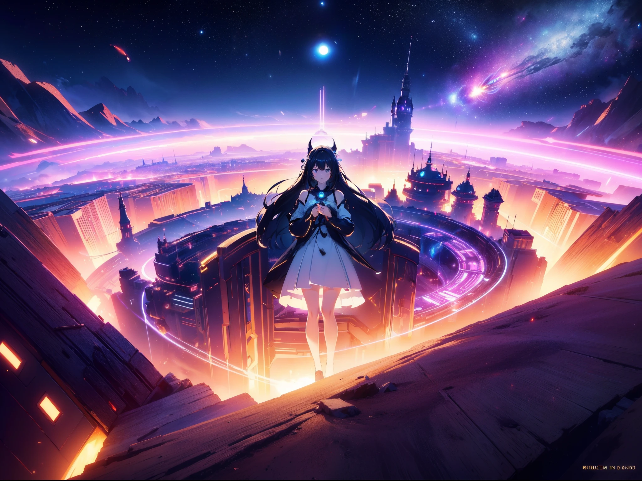 1 cute girl, floating body, black hole in the distance , background universe, character focus, Dutch angle, radial blur, Glow, cinematic lighting , concept art , fantasy art, ((masterpiece)), ((best quality)), ((ultra-detailed)), (illustration), ((an extremely delicate and beautiful))