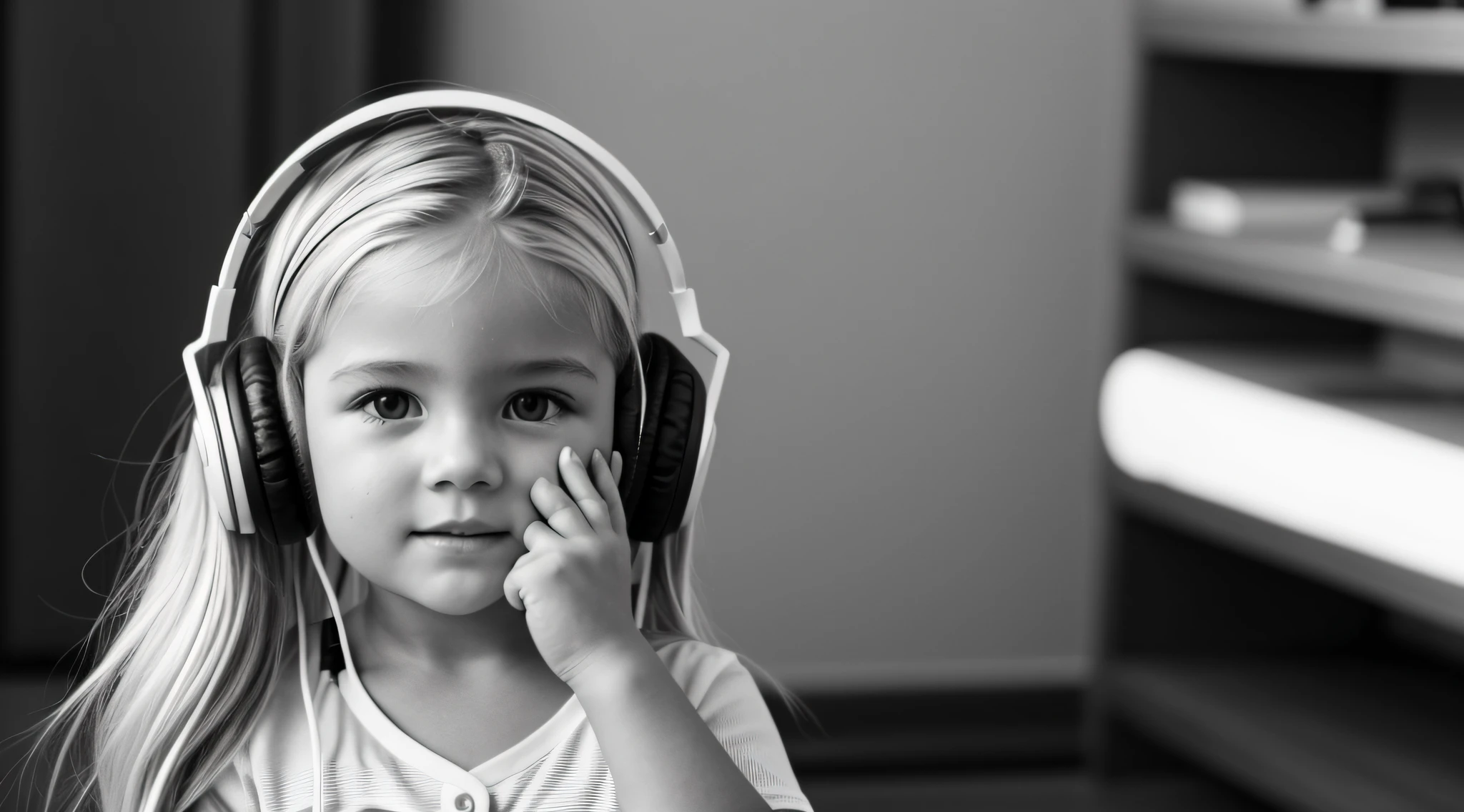 uma foto em black and white de uma CHILD blonde FIREHEAD cabelos longos with headphones, with hands on face, Samara Tecelagem,. gorgeous female.