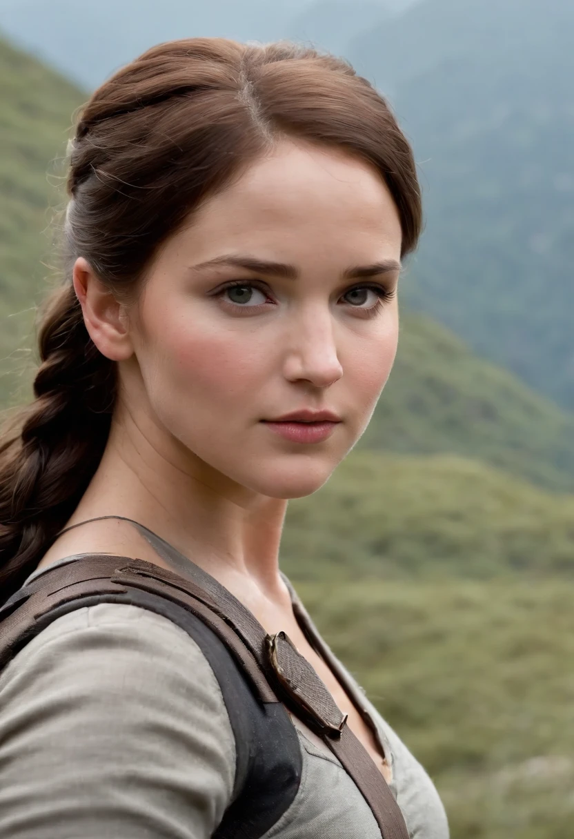 A photo of Katniss standing at the edge of a cliff, overlooking a vast landscape of mountains.,The Hunger Games Trilogy,Katniss Everdeen, the protagonist of “The Hunger Games,” is characterized by her athletic build, olive skin, dark hair often styled in a practical braid, and striking grey eyes, reflecting her resilience and resourcefulness. Her appearance is marked by a blend of toughness and understated beauty, often wearing simple, functional clothing that suits her pragmatic and independent nature.