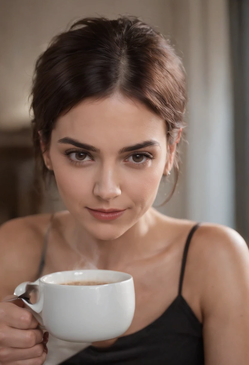A photo of Suzan angrily pouring coffee into a mug.,original,Petite, short hair, dark eyes and light skin, angry and frustrated but serious
