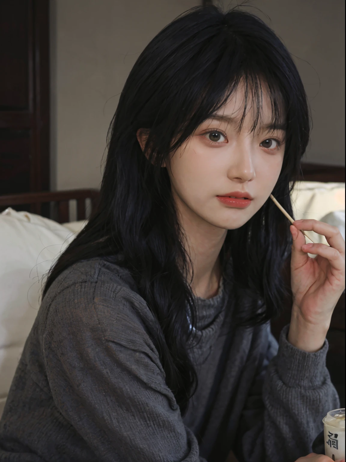 Best quality at best, 超高分辨率, (realistically:1.4), A woman with long black hair and a gray sweater, middle view, JK,under a ray of sunshine,She has black hair,through bangs, young lovely Korean faces, Cute Korean face, Urzans, Shin Jinying, beautiful aesthetic face, Korean facial features, Played by Liu Li Zhien ,beautiful realistic face