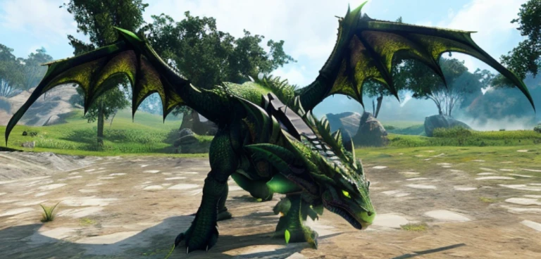 A dragon stands in the grass, wyvern, large green dragon, massive green dragon!!!, Highly detailed epic, Dragon Moshot, green dragon, in monster hunter armor, mega highly detailed, with scaly-looking armor, Pteranadon Styling, ighly detailed, monster hunter monster, ighly detailed, Dlachen Road