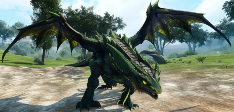 A dragon stands in the grass, wyvern, large green dragon, massive green dragon!!!, Highly detailed epic, Dragon Moshot, green dragon, in monster hunter armor, mega highly detailed, with scaly-looking armor, Pteranadon Styling, ighly detailed, monster hunter monster, ighly detailed, Dlachen Road
