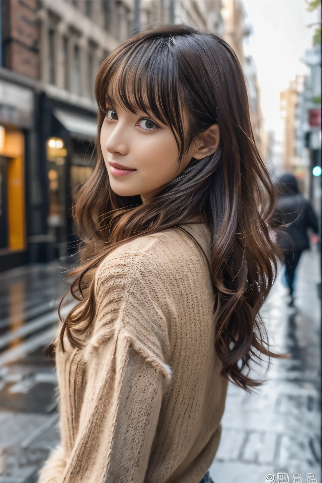 ((Best Quality,8K,masutepiece:1.3)), Sharp Focus:1.2, Beautiful woman perfect body:1.4, Slim abs:1.2, (Long hair,Curly hair:1.2), (dark orange long sleeve knit top), (Rain, Street:1.2), Wet body:1.5, Three-dimensional texture, Detailed eyes, Brown hair, Very shiny hair, Back view, Improving hair quality, Beautiful eyes, Bangs、denim fur vest、Realistic eyes、逼真