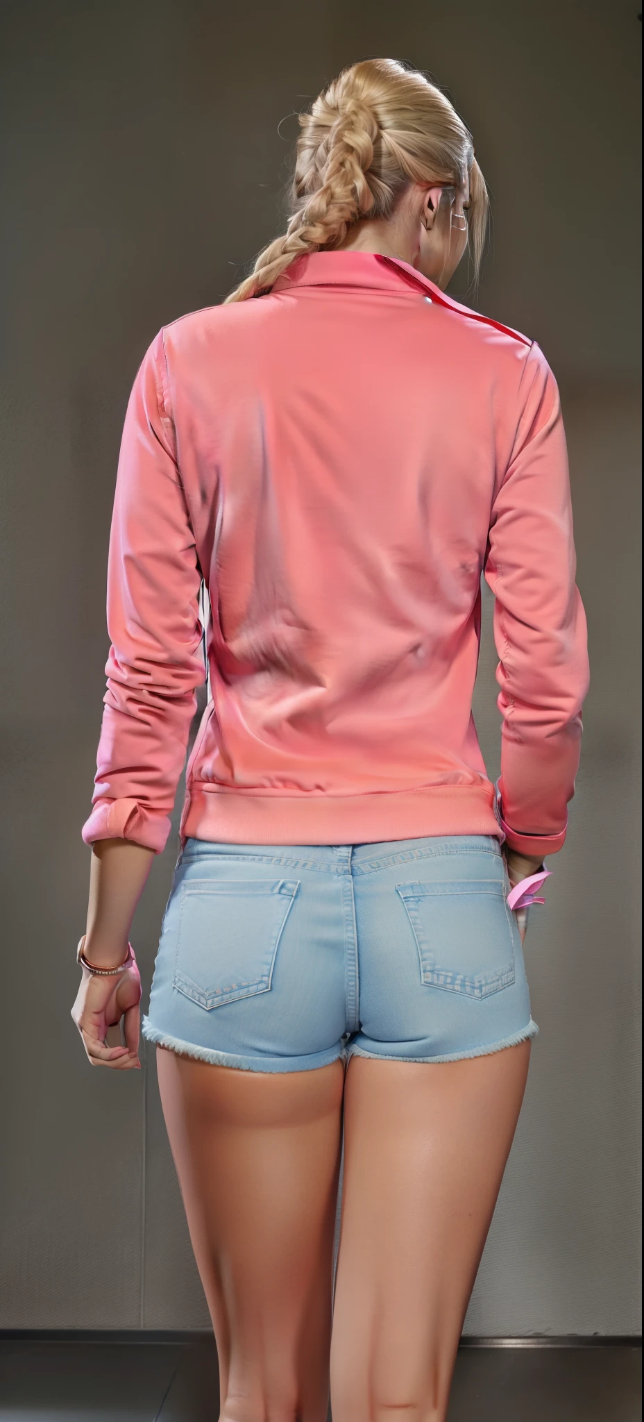 a blonde woman in a pink jacket and denim shorts is standing, usando um capuz rosa, roupas cor-de-rosa, neon pink, voltar - ver, Backview, roupas casuais, algum rosa, Back view, Costas - Tiro, tiro de costas, roupas esportivas, roupas esportivas, summer night, Dayglo Rosa, com detalhes coloridos fluo, rosa quente, arms behind back, ei