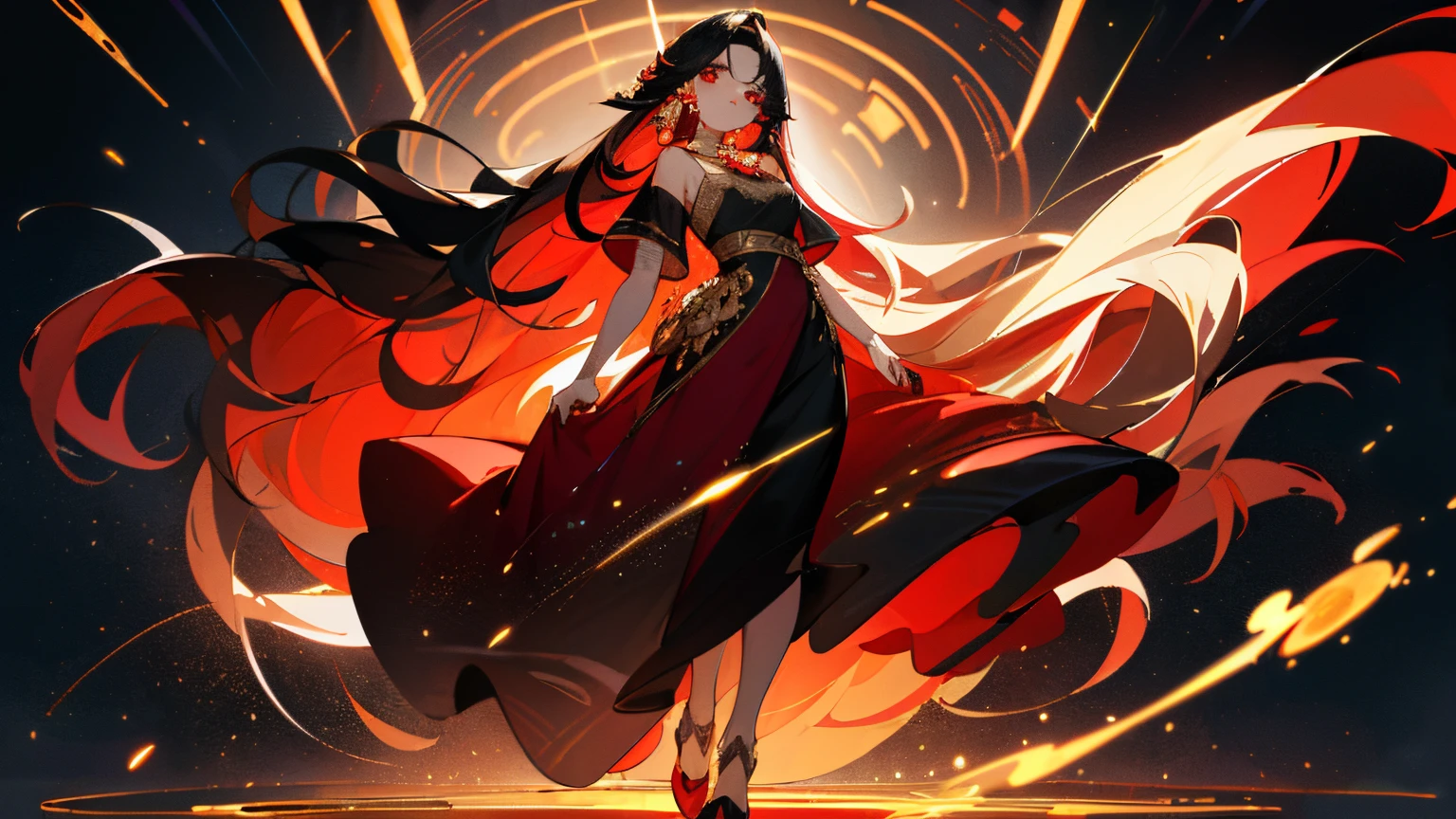 ((masterpiece)),(((bestquality))),fullbody,1 woman,beautiful, mesmerizing, god, very long hair,black-haired,red-eyes,galaxy, magic,dress,red earrings,Gold-red tone,