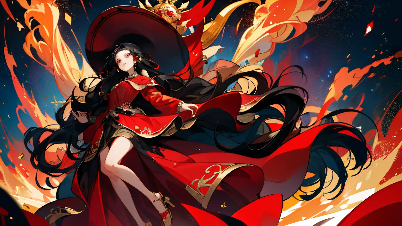 ((masterpiece)),(((bestquality))),fullbody,1 woman,beautiful,powerful,mesmerizing, god, very long hair,black-haired,red-eyes,galaxy, magic,dress,red earrings,Gold-red tone,