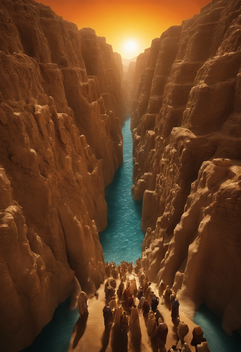 The Exodus of Moses、A large crowd crossing a dry part of the ocean、600,000 people、A large crowd crosses the dry ocean floor