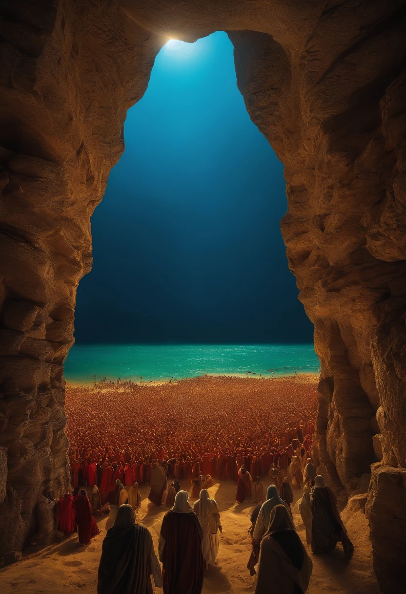 The Exodus of Moses、A large crowd crossing a dry part of the ocean、600,000 people、A large crowd crosses the dry ocean floor