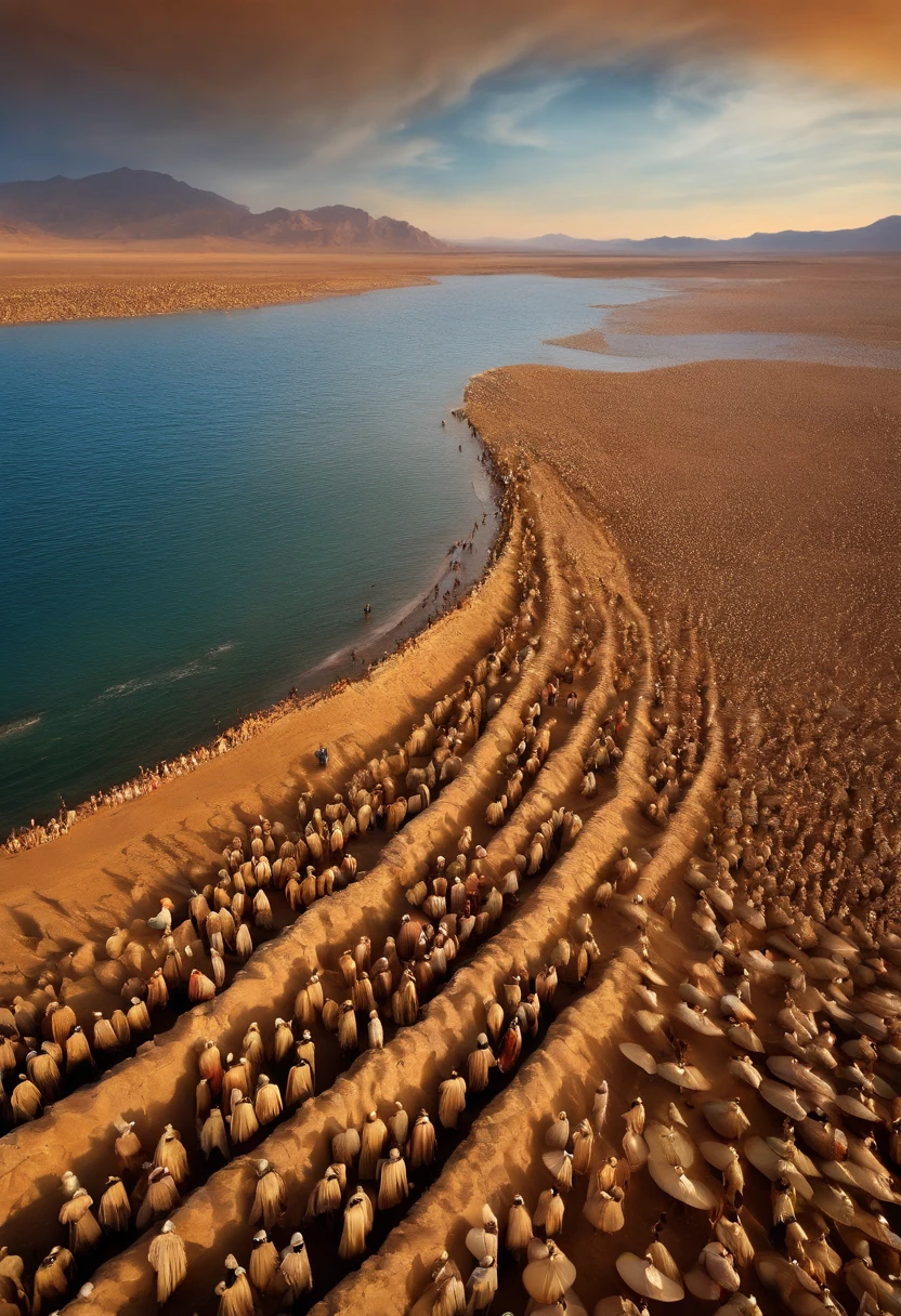 The Exodus of Moses、A large crowd crossing a dry part of the ocean、600,000 people、A large crowd crosses the dry ocean floor