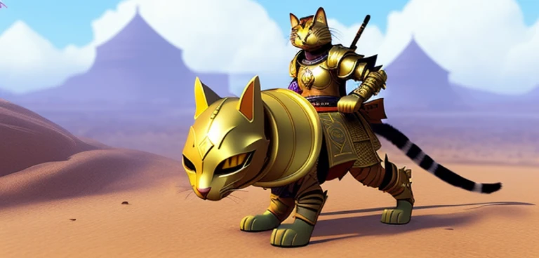 There is a cat wearing a costume, tabaxi monk, wearing golden cat armor, armored cat, world boss kitten, armored feline companion, Cat Warrior, Samurai Cat, anthropomorphic female cat, anthropomorphic cat ninja, the golden cat armor knight, tai costume, tabaxi male, cyborg cat, planet of the cats