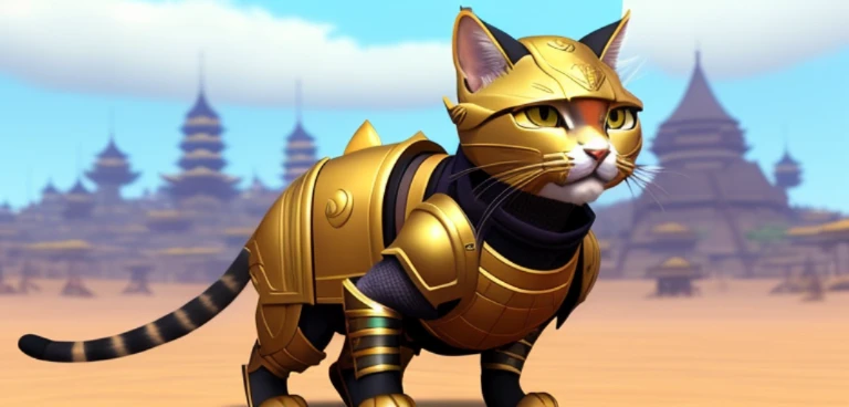 There is a cat wearing a costume, tabaxi monk, wearing golden cat armor, armored cat, world boss kitten, armored feline companion, Cat Warrior, Samurai Cat, anthropomorphic female cat, anthropomorphic cat ninja, the golden cat armor knight, tai costume, tabaxi male, cyborg cat, planet of the cats