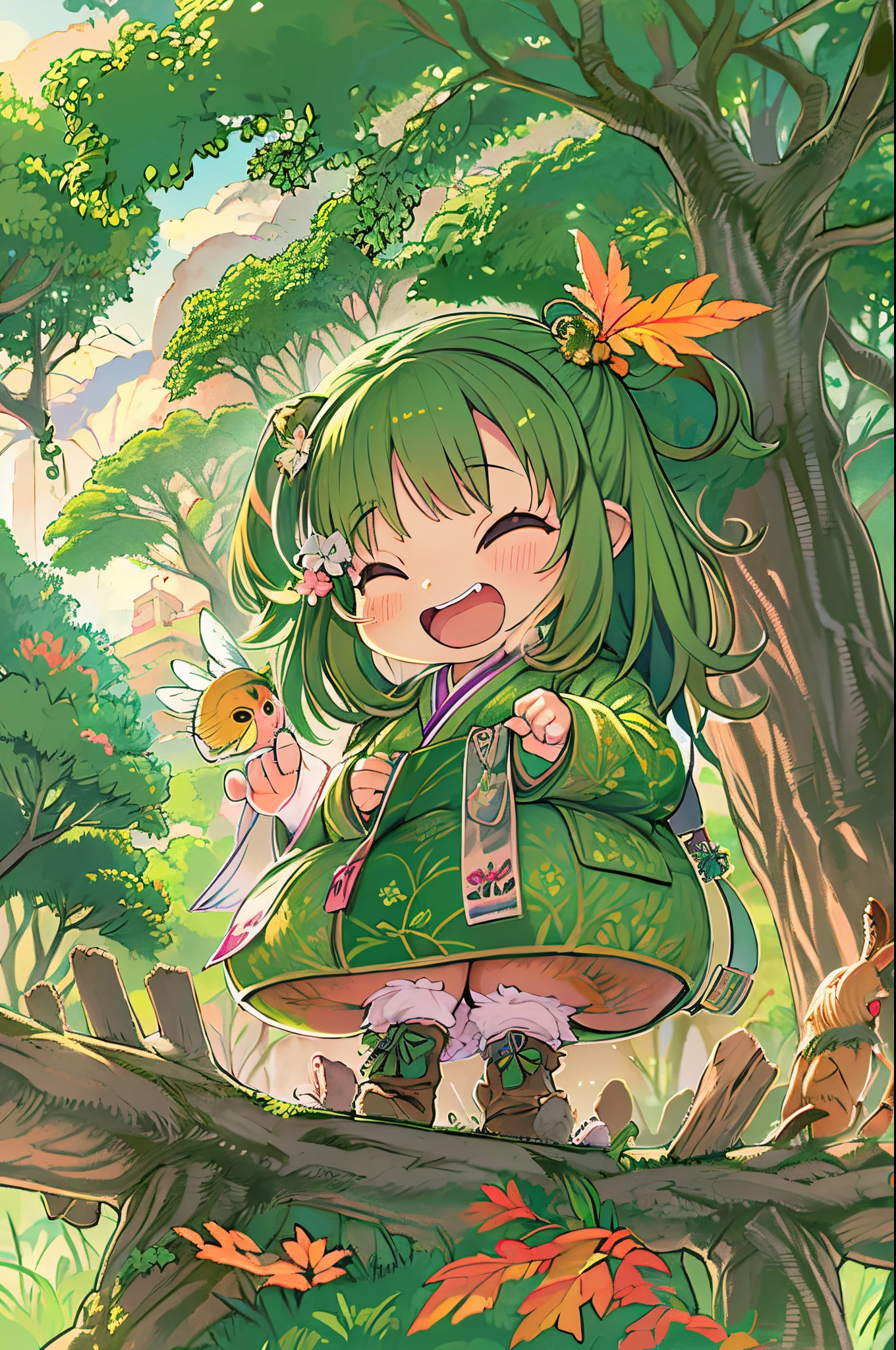 huge-breasted、kawaii、8 years old girl、A big smile、bbw、thick thight、big butts、Ultramammy,Chibi, autumn day,kaede、 Pines, Anime Background Art, japanese art style, beautiful anime scene, detailed scenery - width 672, Background art, Anime landscapes, Anime Background, Beautiful anime scenery, Beautiful peace scenes in anime, landscape artwork,In the forest、with parakeet、parakeet、green bird