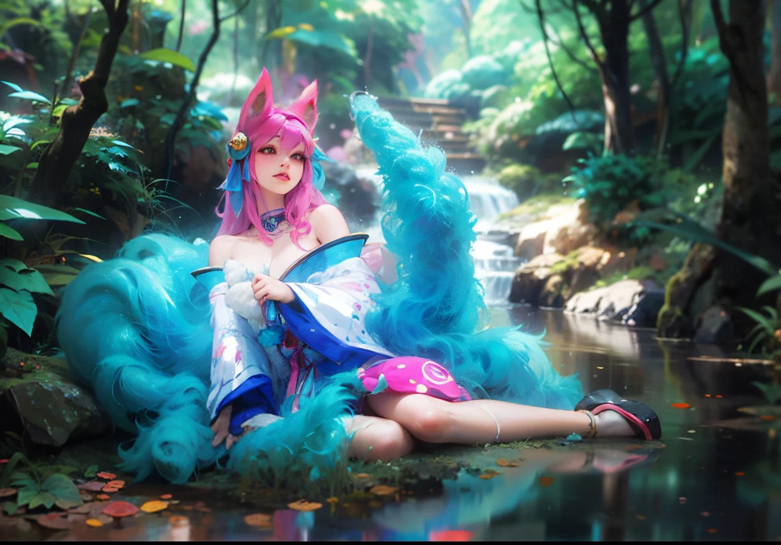 Anime girl sitting in pool with pink hair, ahri, seraphine ahri kda, portrait of ahri, style league of legends, Anime fantasy artwork, ahri from league of legend, Fantasy art style, League of Legends character, Epic fantasy art style HD, Works of masters,Best image quality,Higher quality,high detal,超高分辨率,8K分辨率,exquisite facial features,s the perfect face,Glowing skin,photorealestic,Real Human