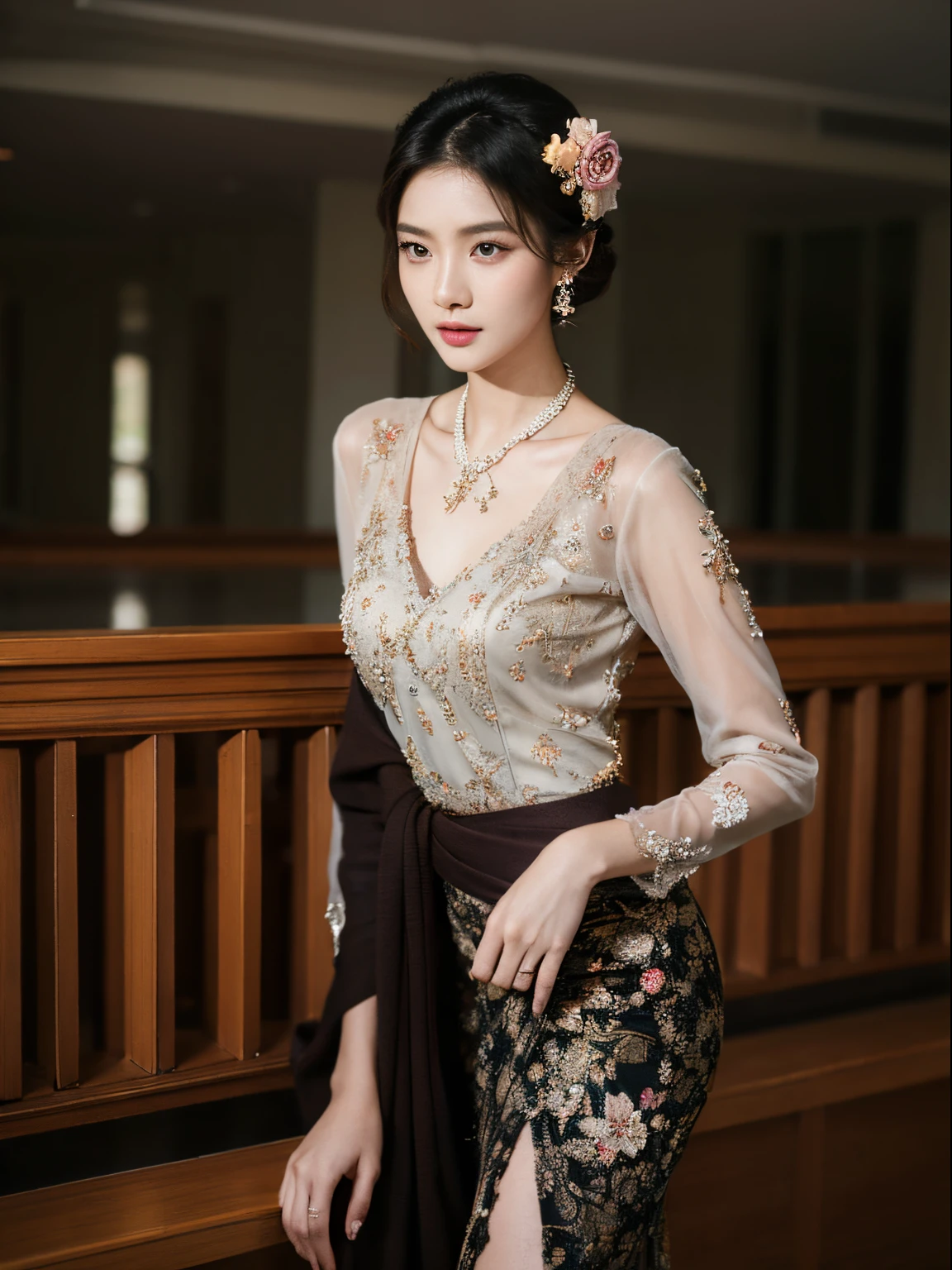 1girl, 175cm,korean model, golden Chinese headress, very wet skin, horny facial expression, 23 years old, soft body, black hair, wavy hair,whole body, hair reaches waist, whole body,((head to leg)), black bracelets, black chain,((wearing Kebaya)), floral pattern long skirt, large earrings,close-up, 8k, RAW photo, best quality, masterpiece,realistic, elegant standing pose, photo-realistic,seductive,cute,royal kingdom background, rchelcia, perfect face, perfect hands