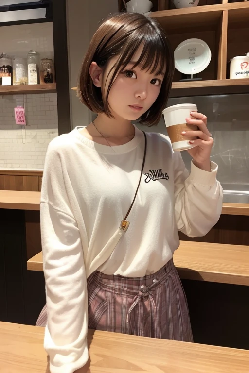 cafes、drinking a cup of coffee、24 year old、femele、Shorthair、onepiece、blanche