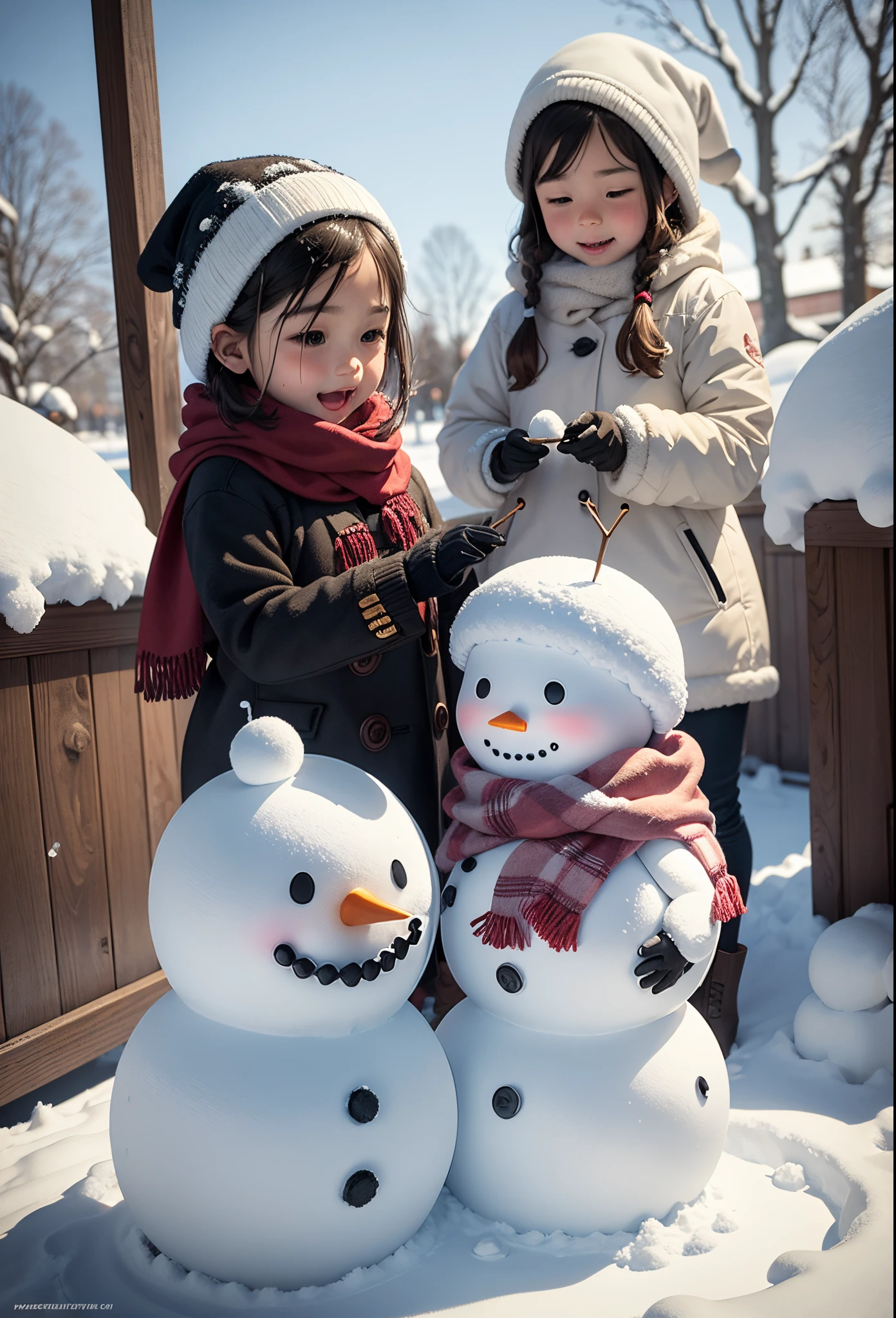 Make a snowman,Make sculptures from snow,Children playing happily in the snow