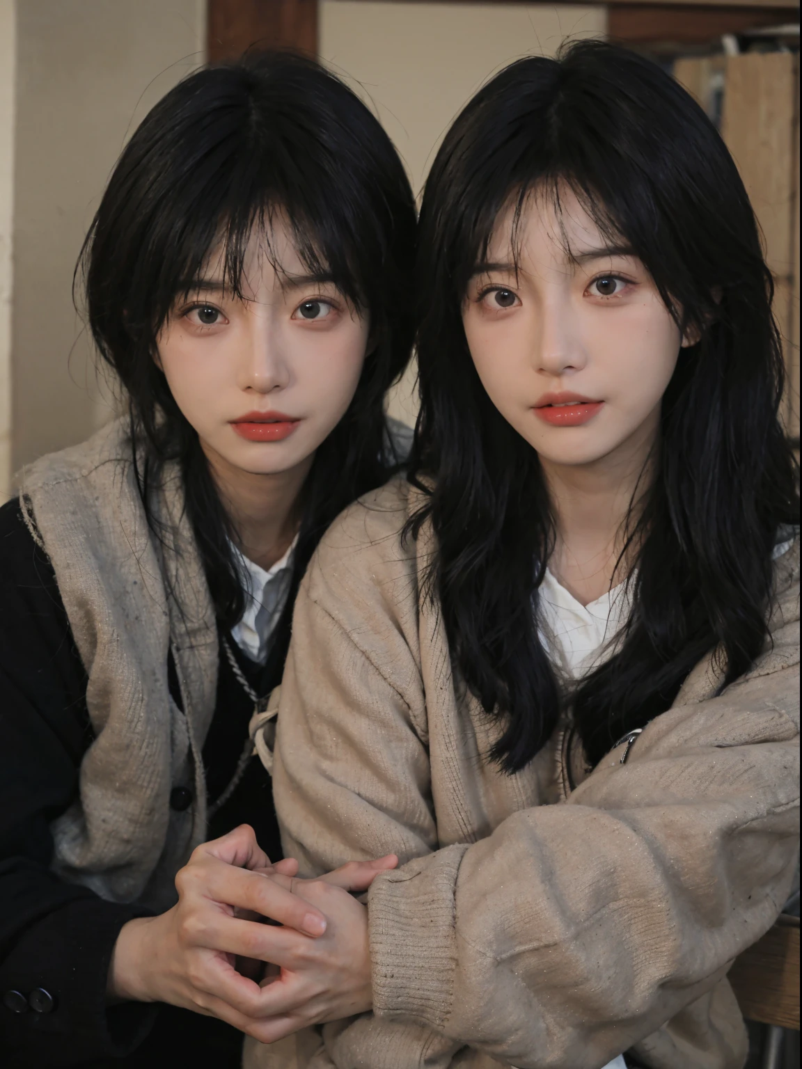Best quality at best, 超高分辨率, (realistically:1.4), A woman with long black hair and a gray sweater, The middle view is, JK school uniform,under a ray of sunshine,She has black hair,through bangs, young lovely Korean faces, Cute Korean face, Urzans, Shin Jinying, beautiful aesthetic face, Korean facial features, Played by Liu Li Zhien ,beautiful realistic face