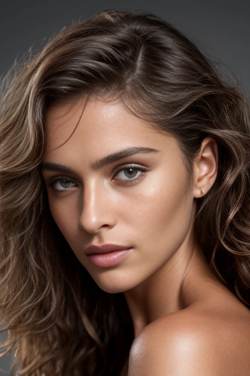 ((half body)) 3/4 portrait photo of a beautiful 25 years european woman, (extra long (((curly)))) brown  hair), Award - winning photograph, Masterpiece, 8k, ultra high res, hyper detailed, beautiful woman, perfect face, rule of thirds, Realistic Perfect eyes and pupils, Perfect full lips, upturned nose, highly detailed shining hair, ((detailed face)), ((detailed facial features)), (finely detailed skin), tanned skin, skin pores, skin blemishes, realistic skin texture, intricate details, photorealism, hyperrealism, ultra realistic, lifelike textures, neutral colors, cinematic lighting, dramatic lighting, backlight on hair, sharp focus, wide angle, film grain, dslr, raw photo,