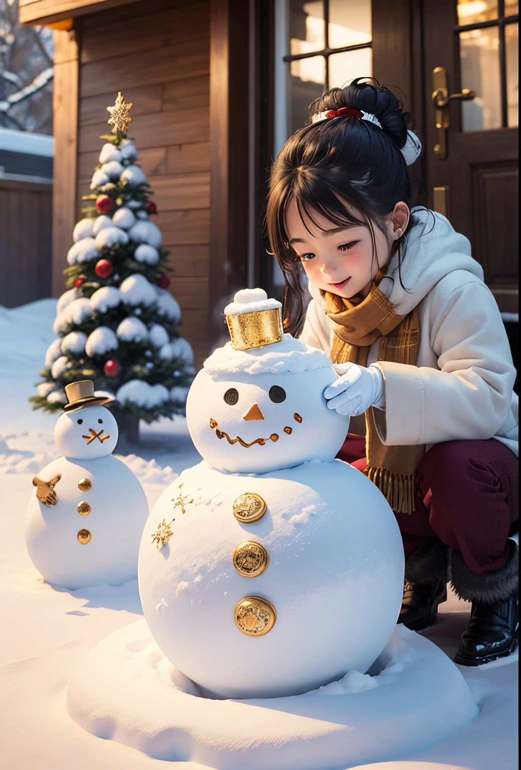 Make a snowman,Make sculptures from snow,jeweled snowman,Gold accents,Children playing happily in the snow