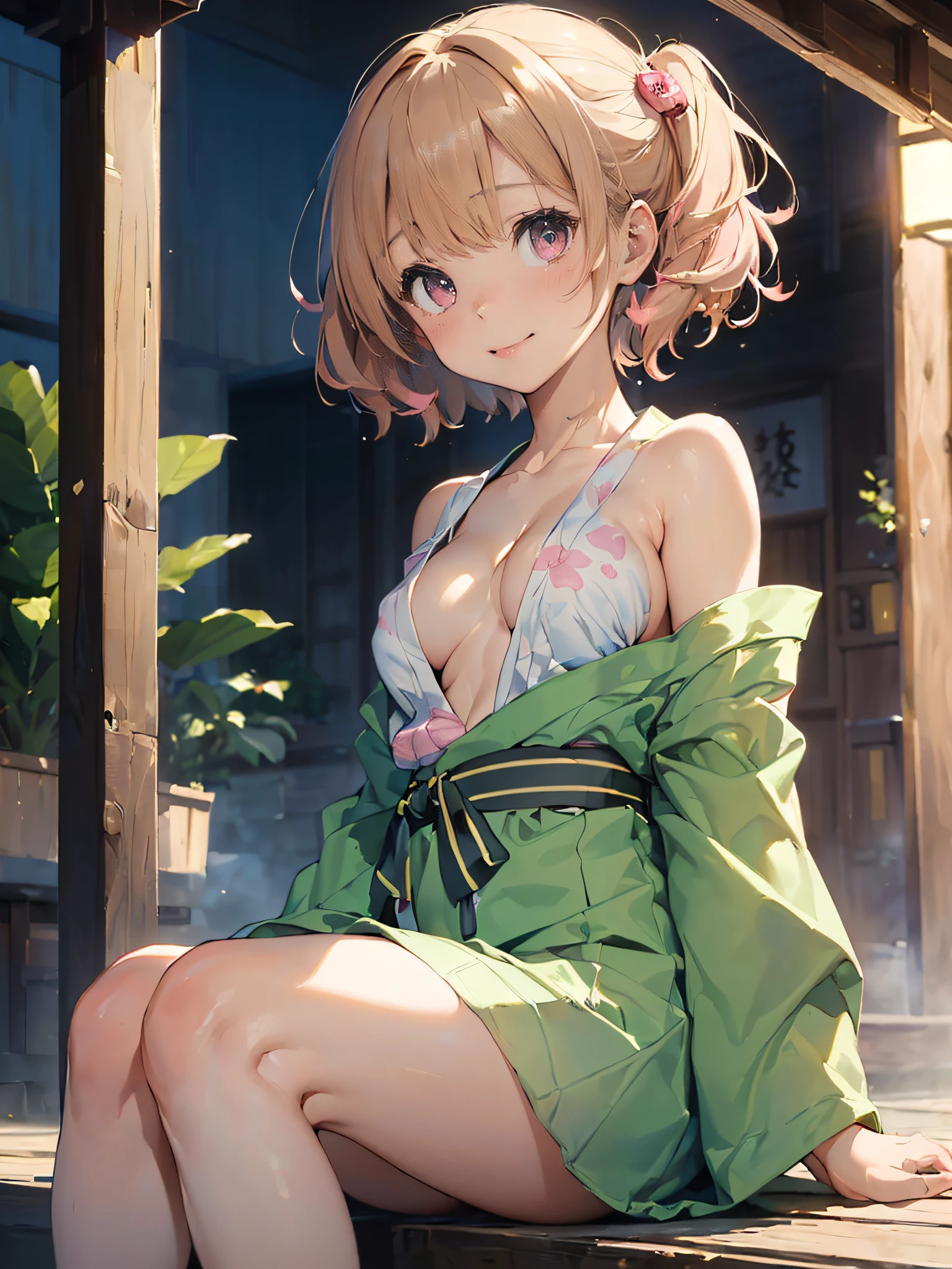 (masterpiece:2.0), (top-quality:2.0), (sitting naked:1.5), (extremely mini skirt extremely small pink yukata:1.5), (super thin fabric:1.5), (sexypose:1.5), (blushed face:1.3), (barechested:1.3), (realistic:1.5), 1 little girl, precise hands, Embarrassed look, light smile, Look at me and smile, extremely cute girl, innocent face, young face, Clear eyes, Shining eyes, small breast, (cleavage of the breast is visible:1.5), (the thighs is visible:1.5), The crotch is visible, No pubic hair, full body, The beautiful skin, ultra-definition, Top resolution, japan high school student, brown hair