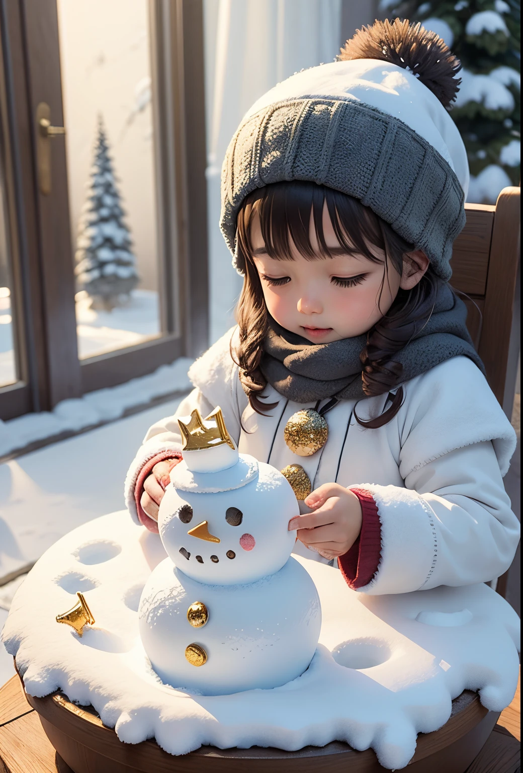 Make a snowman,Make sculptures from snow,jeweled snowman,Gold accents,Children playing happily in the snow