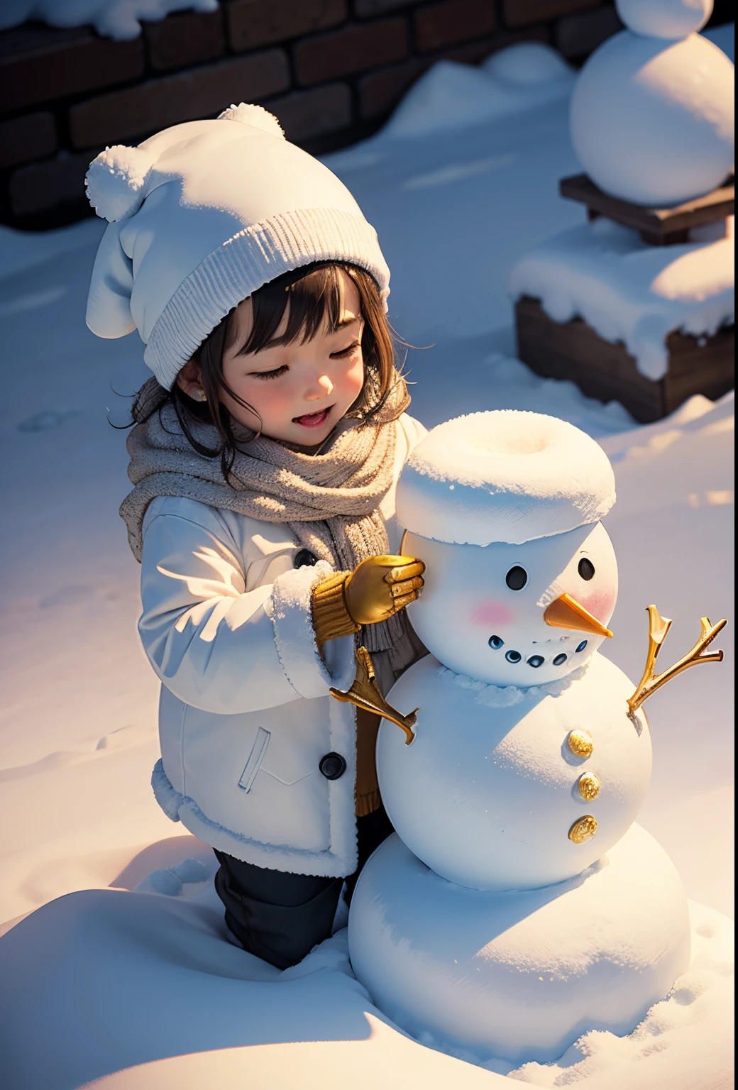 Make a snowman，Make sculptures from snow，jeweled snowman，Gold accents，Children playing happily in the snow