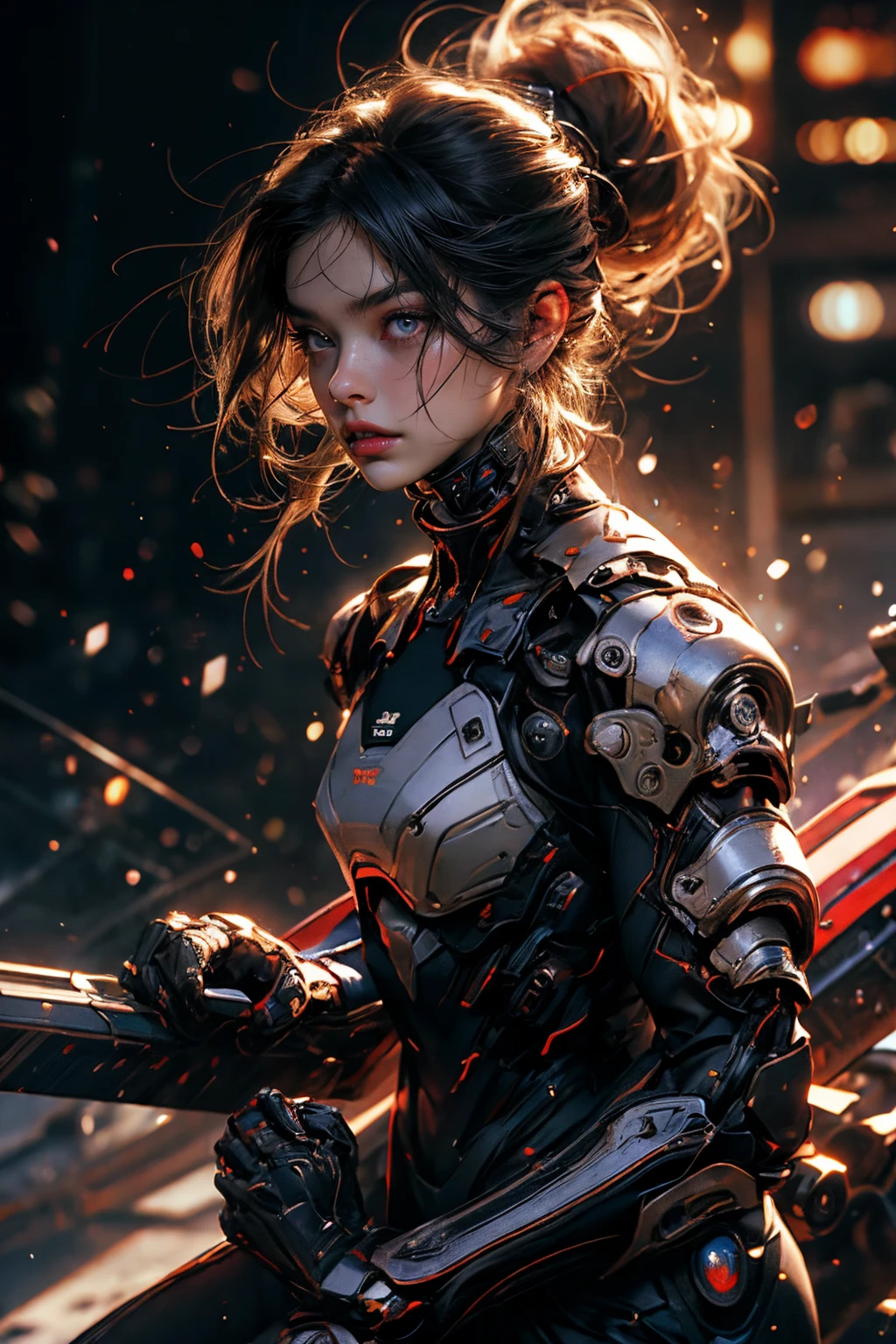 CG Mecha, Beautiful eyes, Upper body, Mechanic Armor, Portrait, 机器人,White-orange armor,, Neon light, 8K, raw, Best Quality, masutepiece, 超A high resolution, Colorful, (medium wide shot), (Dynamic perspective), foco nítido , (depth of fields, Bokeh:1.3), extremely detailed eye and face,ninjartist, Beautiful detailed eyes、Black gold, Trimmed gear:1.2), ((masutepiece, Best Quality)), Detailed background, Inside the spacecraft、Hold your weapon、(Gray hair)、poneyTail、Luminescent eyes、fullmoon、Shot with R5、Get down on one knee、matrix、Dark Fantasy,masterpiece