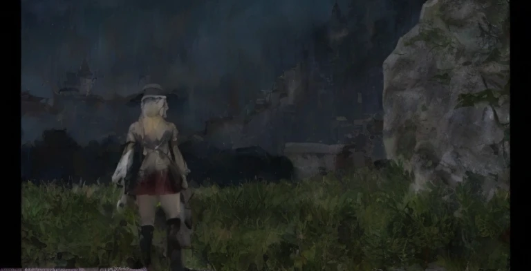 A woman in a hat and dress is standing in a field, final fantasy 14 style, final fantasy 1 4 screenshot, from the black mage cemetery!!!, ( castle in background ), ffxiv heavensward, In front of Fantasy City, final fantasy 1 4, final fantasy xiv, final fantasy 14 sharp, The castle is far away