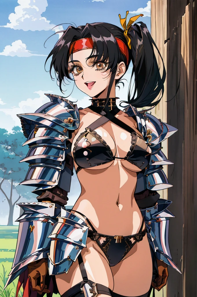 "(masterpiece:1.1), best quality, 
1girl, (80s anime style:1.3), (eyelashes:1.5), (loli:1.2), 
(intricate high detailed body:1.2), 
black hair, (forehead:1.1), (twintails, drill hair:1.2), (headband:1.2), 
brown eyes, (lip stick:1.3), 
(muscular body:1.1), (gigantic breasts:1.1), 
(happy, smile:1.2), open mouth, 
(high cut bikini armor, criss-cross halter:1.2), (garter belt:1.2), 
(spiked knight armor, armored boots:1.2), (accessories:1.1), long gloves, 
standing, leaning forward, 
(full body, looking at viewer, from front:1.1),
(daytime, grassland, outdoors:1.2)"