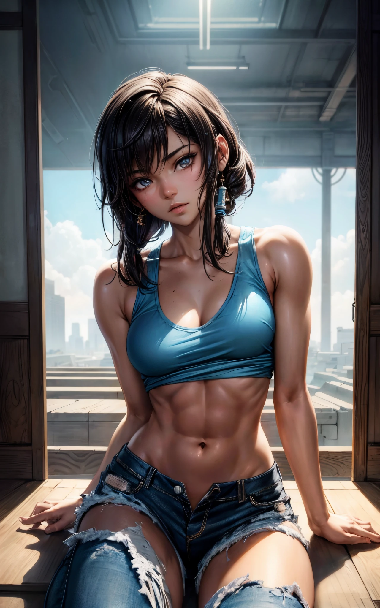 Korra with the face of zendaya ,sitting on some stairs, ripped jeans, tank top, ((pulls up her shirt)) , slightly muscular, Beautiful realistic waifu style girl, hyperdetailed painting, luminism, art by Carne Griffiths and Wadim Kashin concept art,  post-apocalyptic background, abstract beauty, approaching perfection, pure form, golden ratio, minimalistic, dark atmosphere, unfinished, concept art, intricate details, 8k post production, high resolution, hyperdetailed, trending on artstation, sharp focus, studio photo, intricate details, highly detailed, by artgerm.