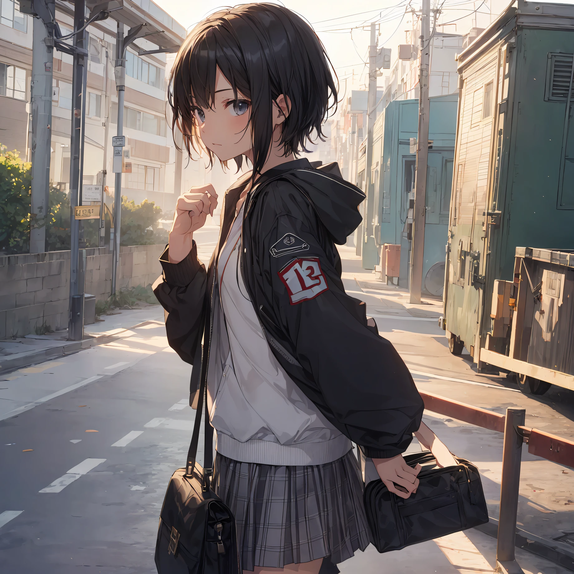 Portrait, Documentary, Photo, A girl is 13-year-old gender-neutral middle school student with short black hair and small chest, walking on the school commute route with a tired expression, Short hair, School uniform, skirt, School commute route, High quality, Realistic, Eye-level shot, Medium shot, side view, Natural lighting, School commute,break,1girl, (Solo,Loli face,13-year-old:1.5),a junior high school student, androgynous charm, (Very Short hair), flat chest, Small butt, Beautiful detailed black eyes, disgusted eye,break,((top quality,shinkai makoto style,ultra-detailed,high resolution,extremely detailed CG,unity 8k wallpaper,by famous artist,perfect anatomy,super detailed skin,cinematic lighting)),