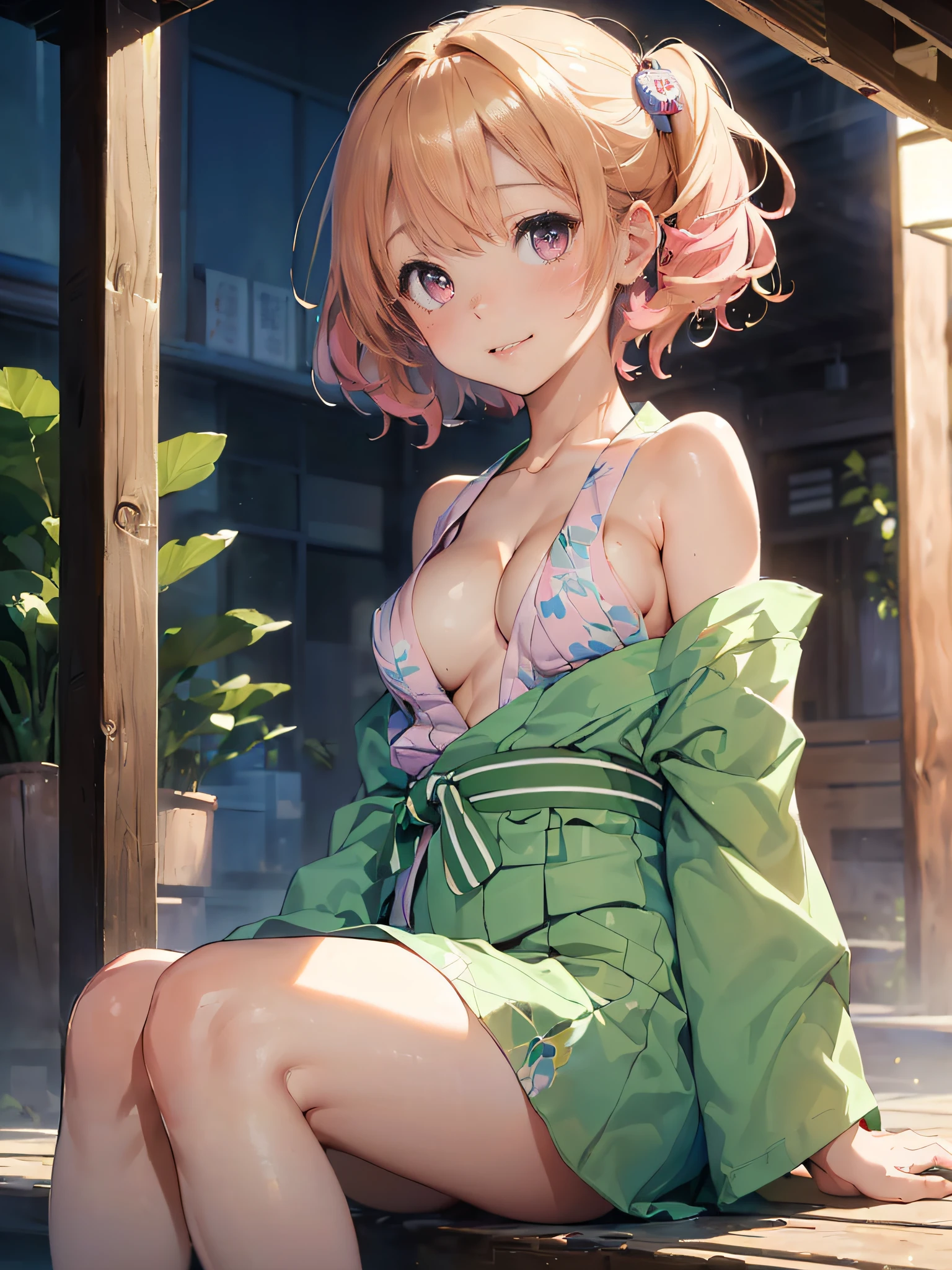 (masterpiece:2.0), (top-quality:2.0), (sitting naked:1.5), (extremely mini skirt extremely small pink yukata:1.5), (super thin fabric:1.5), (sexypose:1.5), (blushed face:1.3), (barechested:1.3), (realistic:1.5), 1 girl, precise hands, Embarrassed look, light smile, Look at me and smile, extremely cute girl, innocent face, young face, Clear eyes, Shining eyes, small breast, (cleavage of the breast is visible:1.5), (the thighs is visible:1.5), The crotch is visible, No pubic hair, full body, The beautiful skin, ultra-definition, Top resolution, japan high school student, golden hair