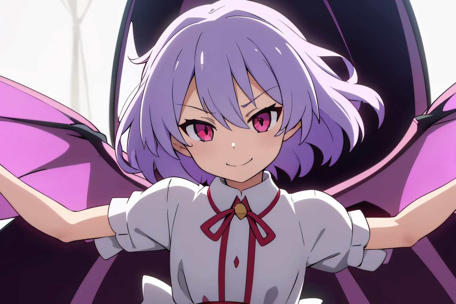 Anime style、Best Quality, 1girl in, Solo, （Remilia Scarlett staring at the camera）、From upper body up、美丽的面容、Aggressive smile、((Short sleeves))、Petite、childish、White dress style shirt、is standing