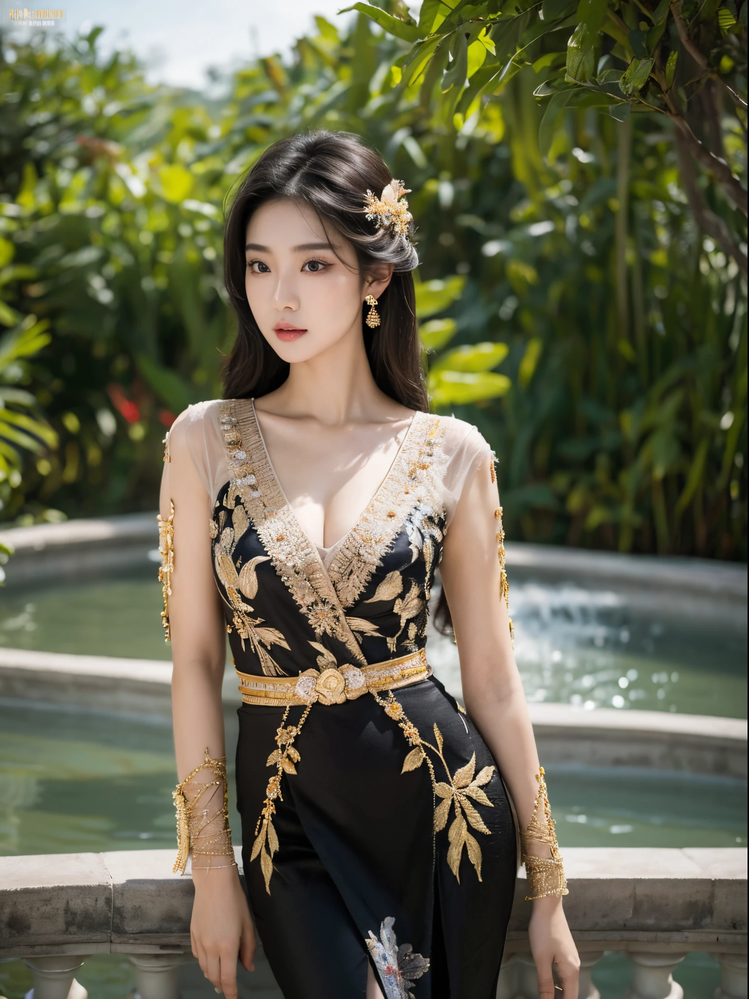 1girl, 175cm,korean model, golden Chinese headress, very wet skin, horny facial expression, 23 years old, soft body, black hair, wavy hair,whole body, hair reaches waist, whole body,((head to leg)), black bracelets, black chain,((wearing Kebaya)), floral pattern long skirt, large earrings,close-up, 8k, RAW photo, best quality, masterpiece,realistic, elegant standing pose, photo-realistic,seductive,cute,royal kingdom background, big boobs, rchelcia,