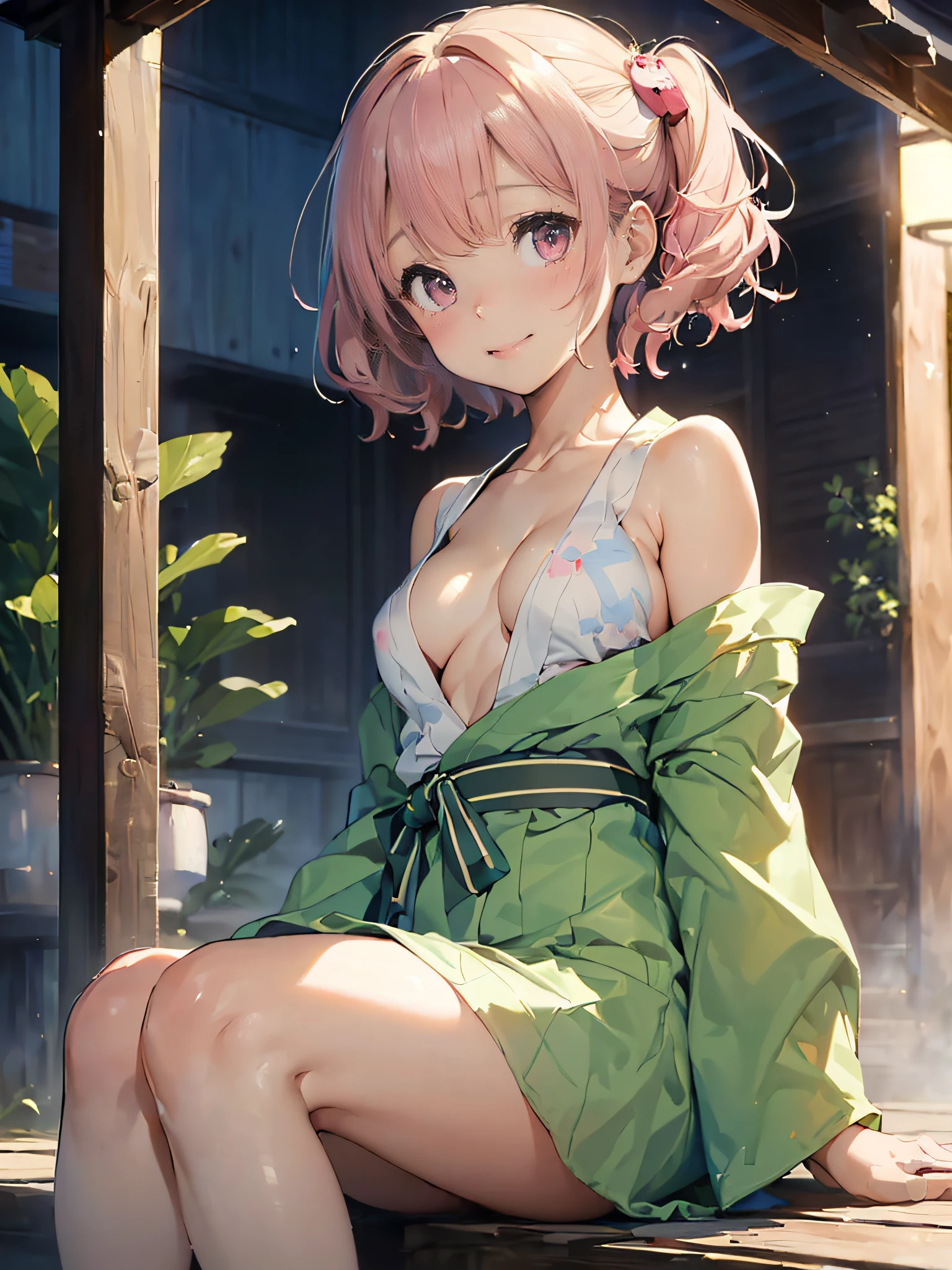 (masterpiece:2.0), (top-quality:2.0), (sitting naked:1.5), (extremely mini skirt extremely small pink yukata:1.5), (super thin fabric:1.5), (sexypose:1.5), (blushed face:1.3), (barechested:1.3), (realistic:1.5), 1 , precise hands, Embarrassed look, light smile, Look at me and smile, extremely cute girl, innocent face, young face, Clear eyes, Shining eyes, small breast, (cleavage of the breast is visible:1.5), (the thighs is visible:1.5), The crotch is visible, No pubic hair, full body, The beautiful skin, ultra-definition, Top resolution, japan high school student, brown hair