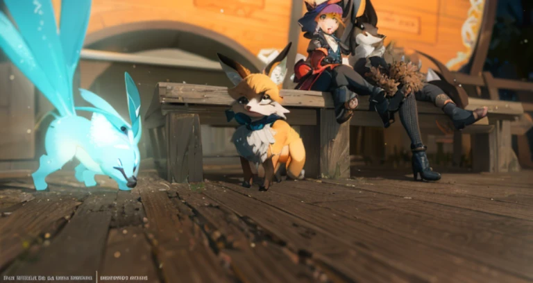 There are two people sitting on a bench with their dog., an anthropomorphic fox, an anthropomorphic fox, Tonic the Fox, Antro fox, miniature fox, Ethereal fox, blender eevee render, stylized fox-like appearance, cute fox, fox nobushi, three - tailed fox, Anatomically correct valpain