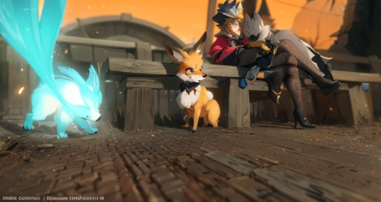 There are two people sitting on a bench with their dog., an anthropomorphic fox, an anthropomorphic fox, Tonic the Fox, Antro fox, miniature fox, Ethereal fox, blender eevee render, stylized fox-like appearance, cute fox, fox nobushi, three - tailed fox, Anatomically correct valpain