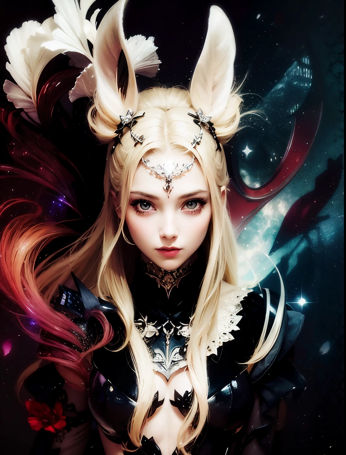 Beauty Viera girl in darker full suit armor, ultra detailed artistic photography midnight aura
