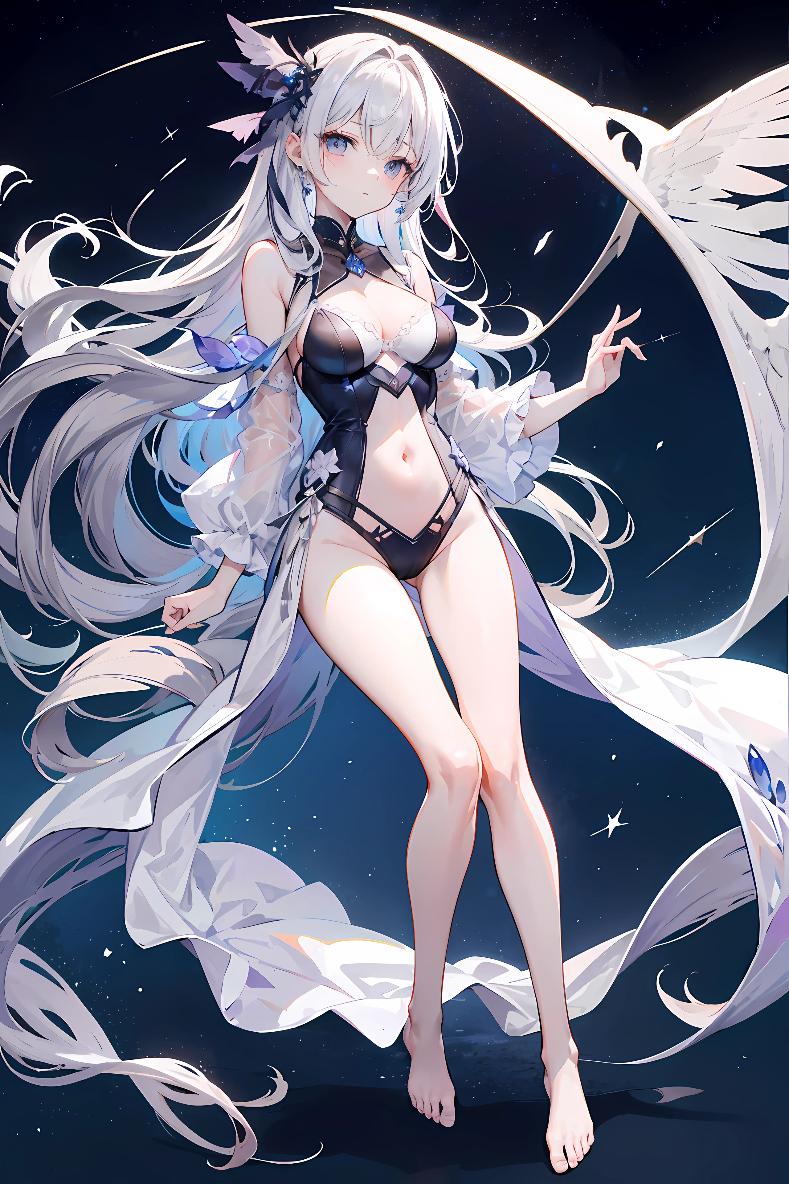 Lilac gradient hair,Asymmetrical hair,（（Hair is very thick 1.8，Hair is well-defined1.6））， Hair over the shoulder, messy  hair, Very long hair, shinny hair，(Long gray hair:1.2),A beautyful girl，（Luxurious Platinum Mini Lolita，Made of transparent material），（Transparent clothes transparent 1.8），perfect body figure，high and high，slenderness，(looking sad，Haggard complexion、pale ，grieves，close your mouth：1.2） Against the backdrop of an unusually bright dark starry sky，（Place your hands behind your back），（Round, medium large, firm breast），Barefoot，afloat，waterface，（long leges，long leges，long leges，Perfect leg shape），Full body photo。