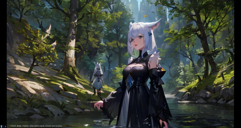 Arafed image of a cat-eared woman in the forest, final fantasy 1 4 screenshot, final fantasy 14 style, final fantasy 14 sharp, final fantasy xiv, final fantasy 1 4, tranding on pxiv, FFXIV, ffxiv heavensward, Trends in PXIV, relaxed dwarf with white hair, final fantasy xiv: endwalker